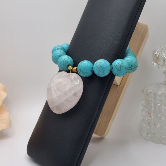 Turquoise Rose quartz heart bracelet - Picture 3 of 9